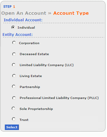 Sample screen for Open an Account with Individual marked as the Account Type.