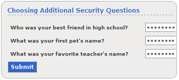 Screen segment for Choosing Additional Security Questions.