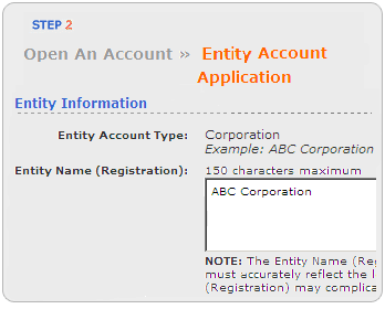 Screen segment for Entity Account Application with sample Entity Account Information.