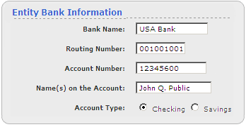 Screen segment for Entity Account Application with sample Bank Information.