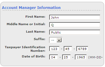 Screen segment for Entity Account Application with sample Account Manager Information.