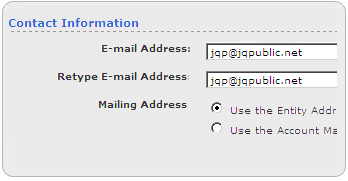 Screen segment for Entity Account Application with sample Contact Information.