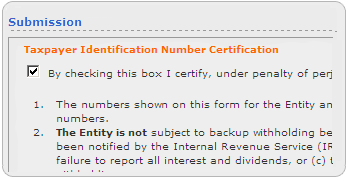Screen segment for Entity Account Information with read and check the submission certification statement.