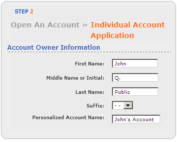 Screen segment for Individual Account Application with sample Account Owner Information.