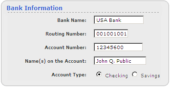Screen segment for Individual Account Application with sample Bank Information.
