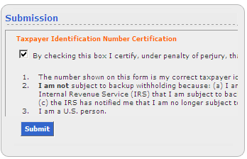 Screen segment for Individual Account Application with read and check the submission certification statement.