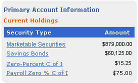 Screen segment with sample Current Holdings in a Primary Account.