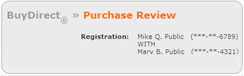 Screen segment for Purchase Review with sample Registration Information.