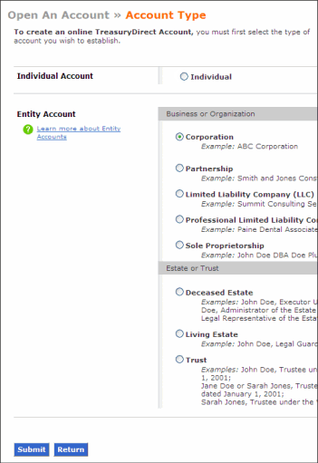 Sample screen for Open an Account with Corporation marked as the Entity Account Type.