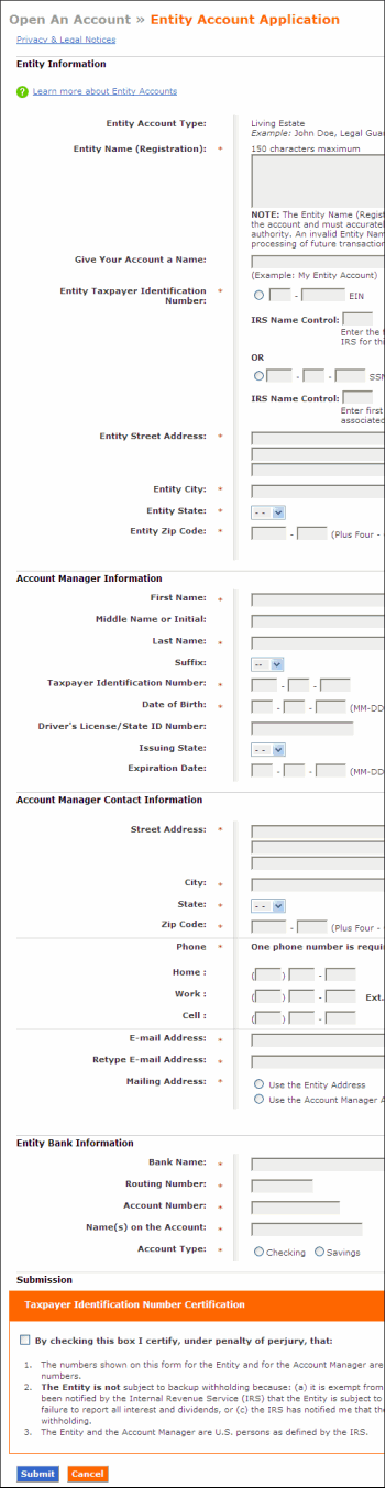 Screen segment for Entity Account Application with sample Entity Account Information.