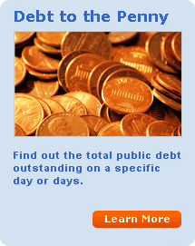 Debt to the Penny.  Find out the total public debt outstanding on a  specific day or days. Learn More...